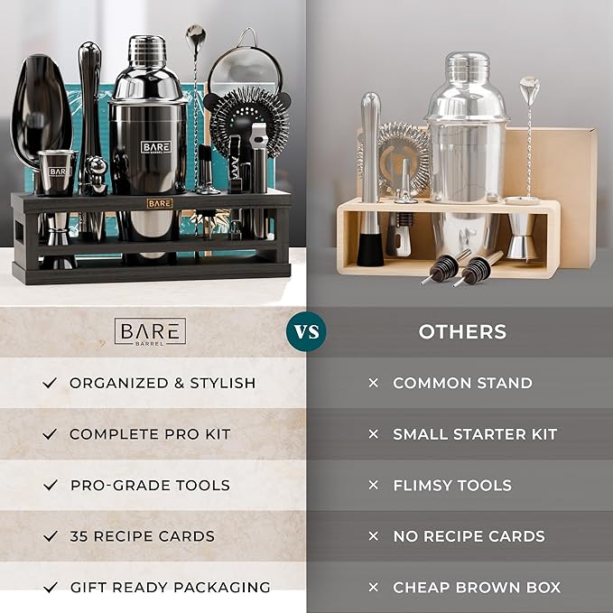 BARE BARREL® Mixology Bartender Kit Bar Set | 16-Piece Cocktail Shaker Set | Martini Barware Mixing Tools for Home Bartending | Incl. 35 Recipe Cards | Gift Set (24oz Cobbler Shaker, Jet Black/Black)