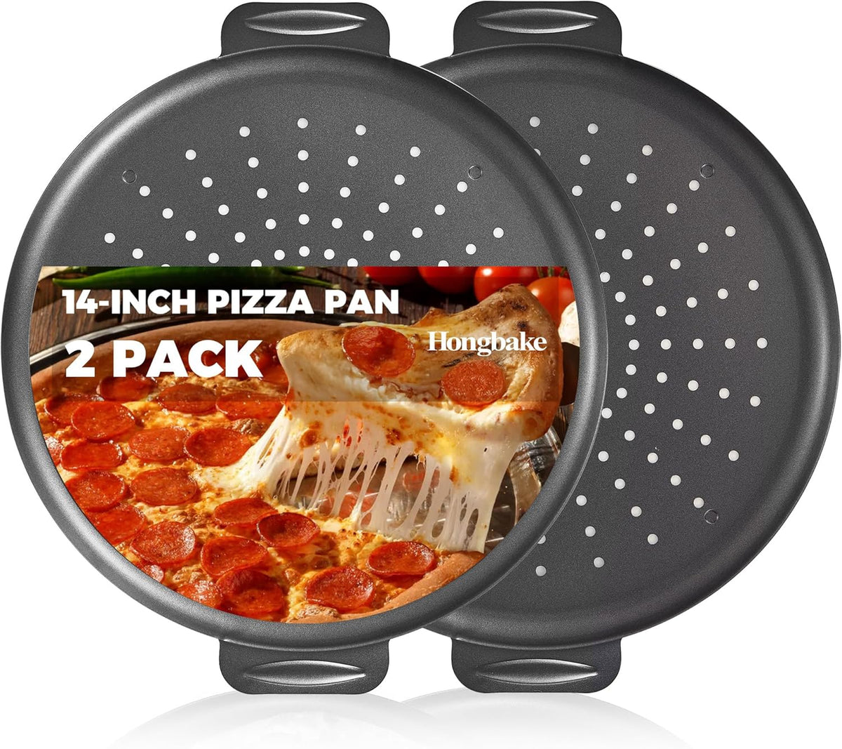 HONGBAKE 2 Pack Pizza Pan 14 Inch with Holes, Rust-Free Nonstick Pizza Pan for Oven, 0.8mm Carbon Steel Perforated Pizza Tray with Wider Handles, Round Baking Sheet for Frozen & Homemade Pizza, Grey