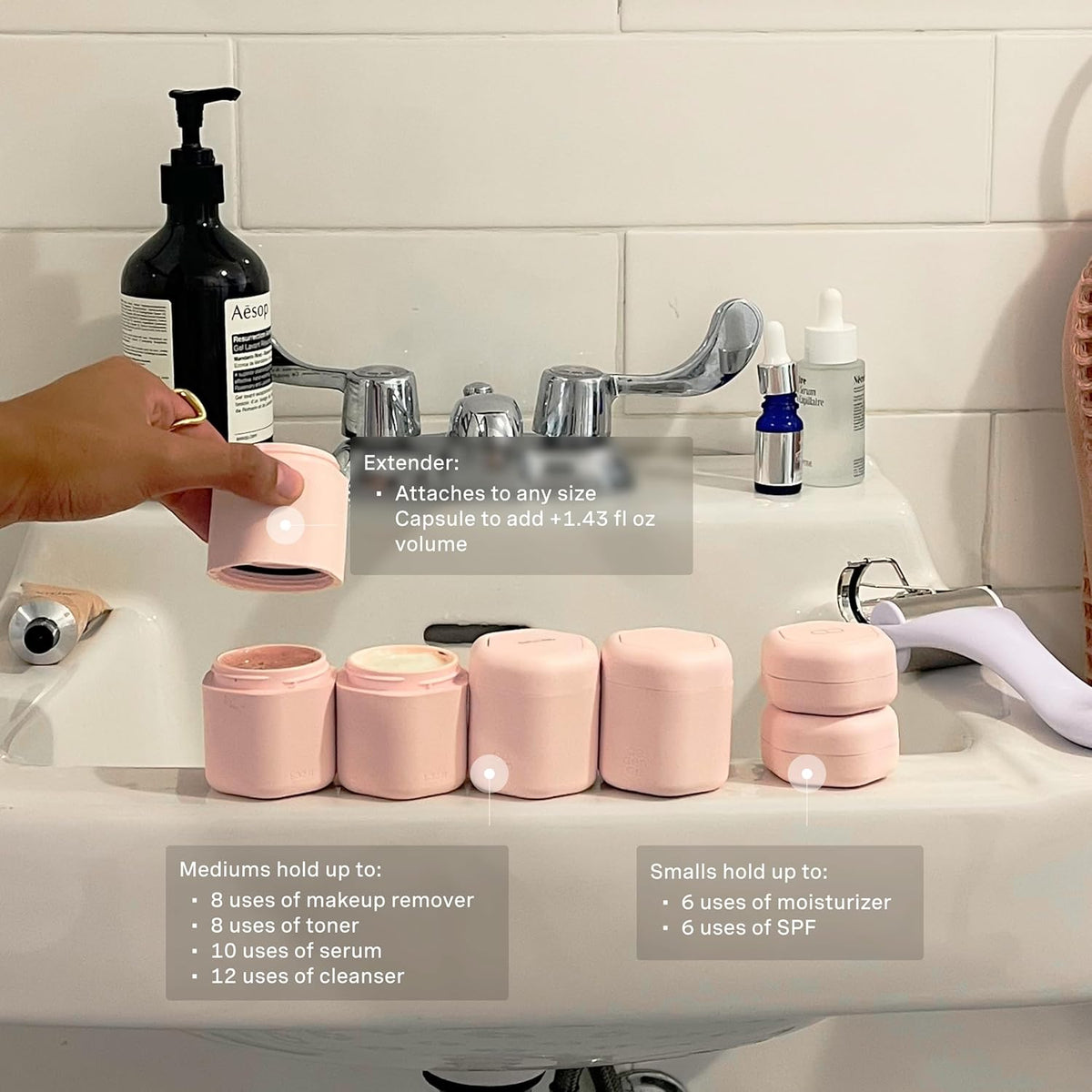 Cadence Travel Containers - Full Skincare Set - Magnetic Containers with Lids,Carry On Travel Essentials For Women/Men - 2 Small (0.56oz), 4 Medium Capsules (1.32oz), & Extender (1.43oz) - Petal