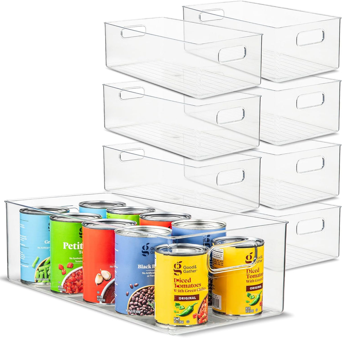 Plastic Food Storage 8 Pack Clear Container Bin with Handles for Organizing Kitchen, Pantry, Refrigerator, Freezer, Pantry, Cabinet, Closet, Bathroom. 16”x8”x5”