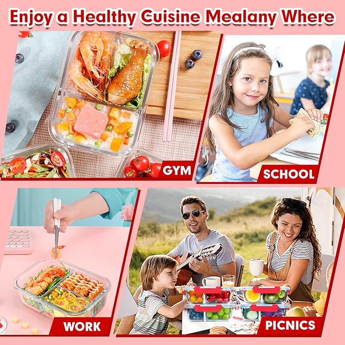 VERONES 5 Pack Glass Meal Prep Containers 3 Compartment Set, 36OZ Airtight Glass Lunch Containers, Glass Food Storage Containers with Lids, for Microwave, Oven, Freezer & Dishwasher Friendly,Red