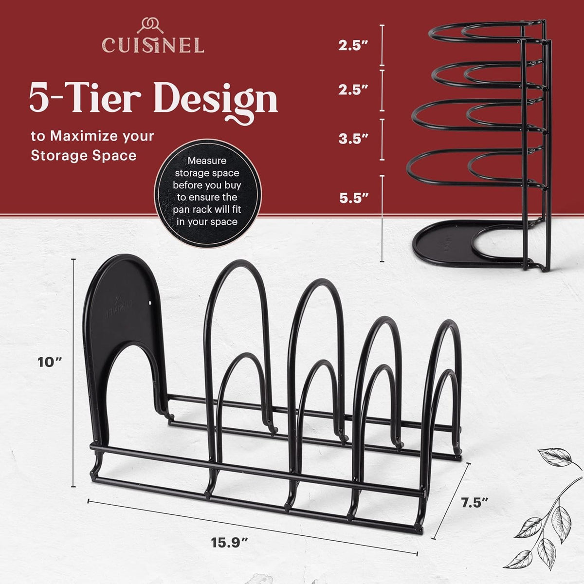 Cuisinel Pots and Pans Organizer Rack - 60 to 100-LBS Capacity Extremely Heavy Duty - 8mm Thick - Made in India - Matte-Black 15.9"-Tall 5-Tier Space Saving Kitchen Cookware Storage
