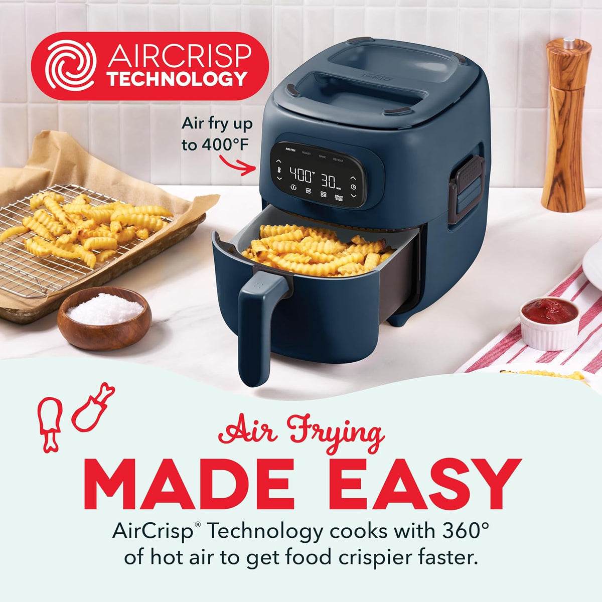 Dash Flip & Fry™ Digital 2-in-1 Grill + Air Fryer with 4 functions, 3 Qt Capacity, Air fryer & Indoor Grill for fries, wings, burgers and more - Navy