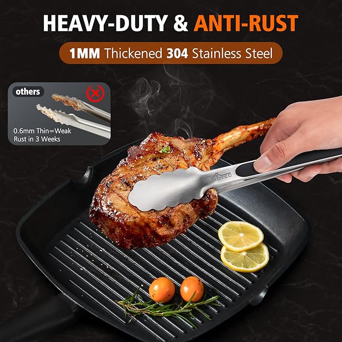 Hotec Stainless Steel Kitchen Tongs Set of 2 - 9" and 12", Locking Metal Food Tongs Non-Slip Grip