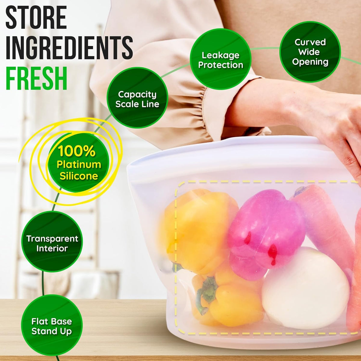 Reusable Silicone Food Storage Bags 3.6Cup (29oz), Airtight food Storage Containers Food Grade Silicone Snack Bags, BPA Free Food Storage Container, Microwave Safe, Sous Vide Container, White
