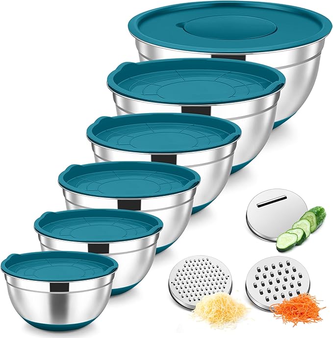 TeamFar Mixing Bowls, 6 PCS Stainless Steel Nesting Salad Bowl with Lids & 3 Graters, For Kitchen Cooking Serving Prepping, Airtight & Non-Slip, Size 4.6/3.5/2/1.5/1/0.7 QT, Blue