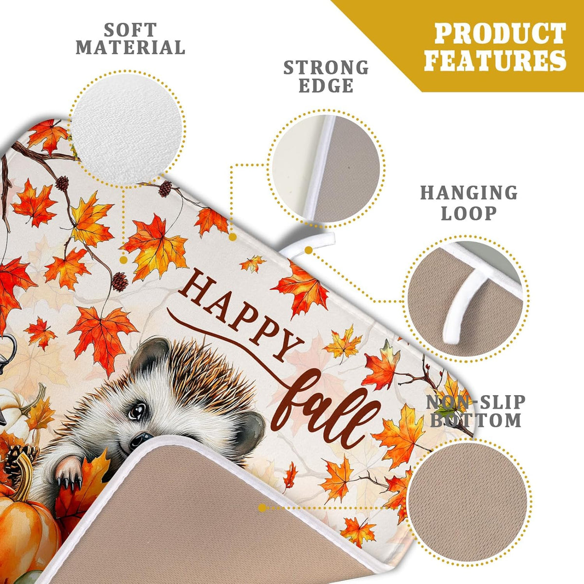 Happy Fall Dish Drying Mat - Cute Hedgehog Absorbent Drying Pad for Kitchen Counter
