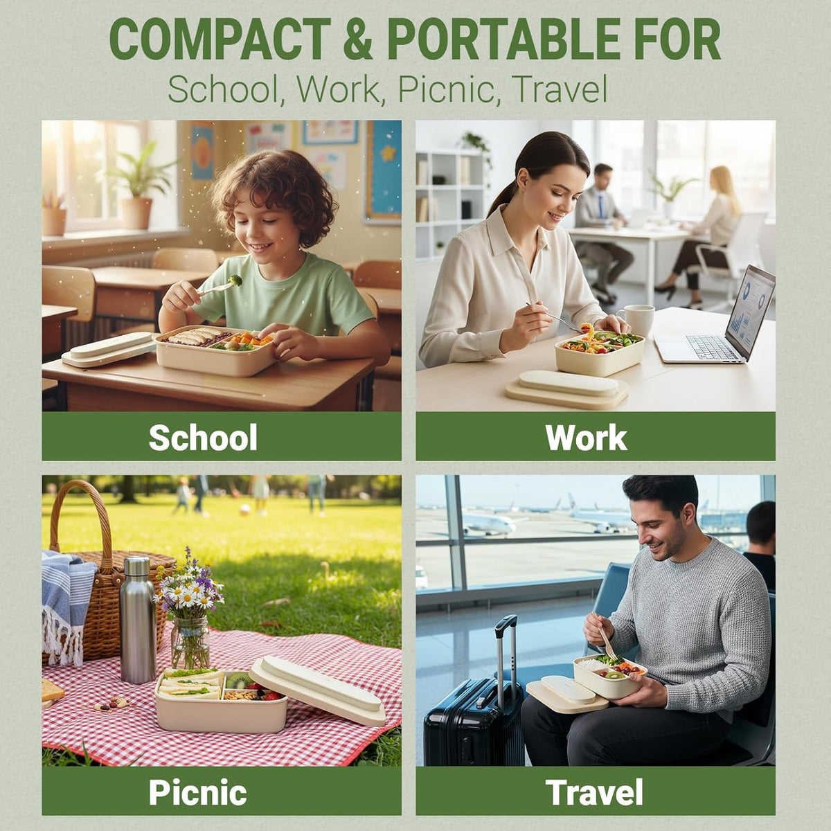Silicone Bento Box Lunch Box for Adults, Lunch Food Container with 3 Compartment, BPA-Free and Leakproof, Microwave & Dishwasher Safe (Green)