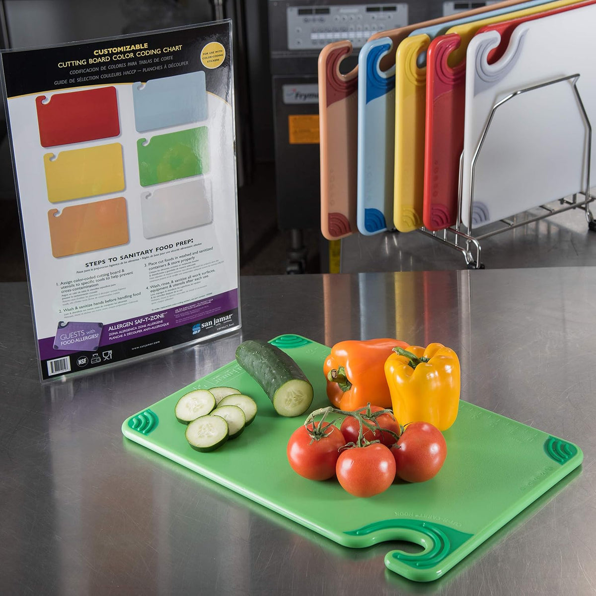 San Jamar Saf-T-Grip Plastic Cutting Board With Safety Hook, 12" x 18" x 0.5", Assorted Colors, (Set of 6)