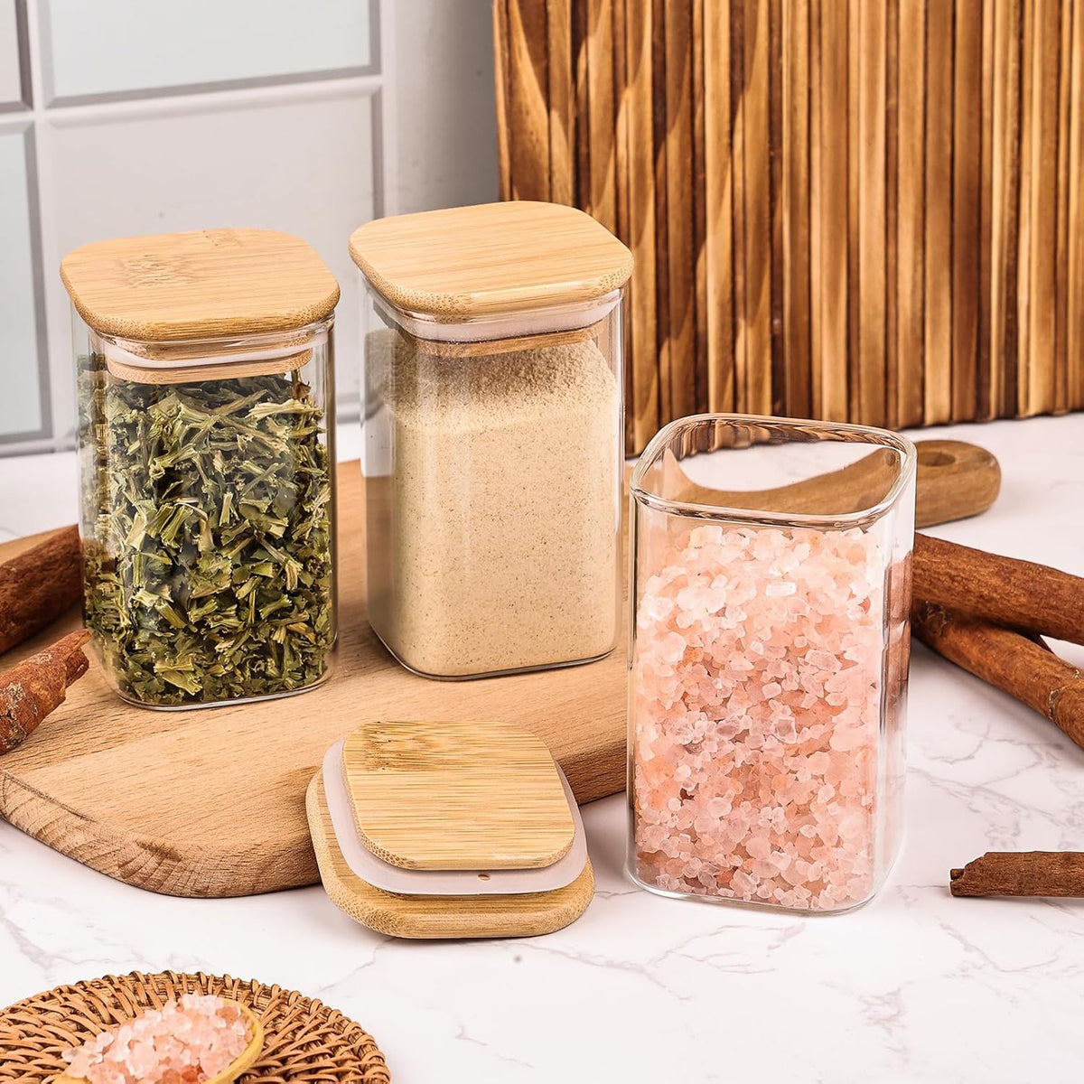 6oz Glass Spice Jars with Bamboo Lid and Label, 12 Pack Square Glass Container, Small Food Storage Containers for Kitchen, Clear Empty Seasoning Jar for Sugar, Salt, Coffee Bean, Herb, Borosilicate