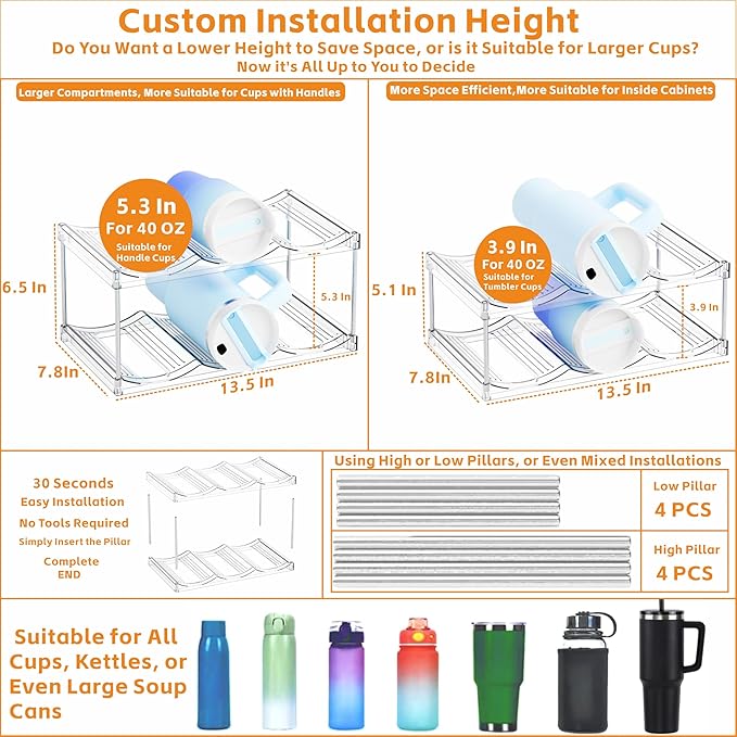 Yieach Stackable Water Bottle Organizer for Stanley,Yeti 40 oz and Others Tumbler Organizer,2 Tier Waterbottle Storage Rack,Clear Acrylic Cup Organizers for Kitchen Cabinets,Countertop,Pantry Shelf