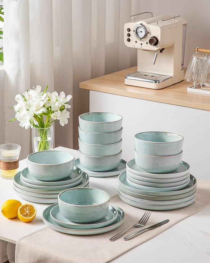 vancasso ANYA 24 Pieces Plates and Bowls Set, Mint Green Dinnerware Sets, Reactive Glaze Dishes Set for 8, Ceramic Dishware Sets Kitchen Dinner Set, Microwave & Dishwasher Safe