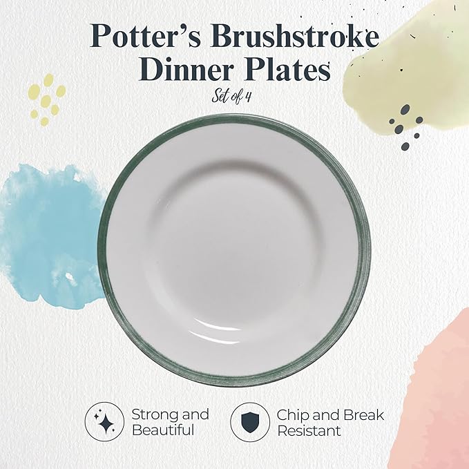 Portmeirion Potter's Brushstroke Dinner Plate (Set of 4) - 10.5-Inch Stackable Earthenware Plates - Microwave & Dishwasher Safe, Handcrafted Dinnerware for Casual & Formal Table Settings (Green)