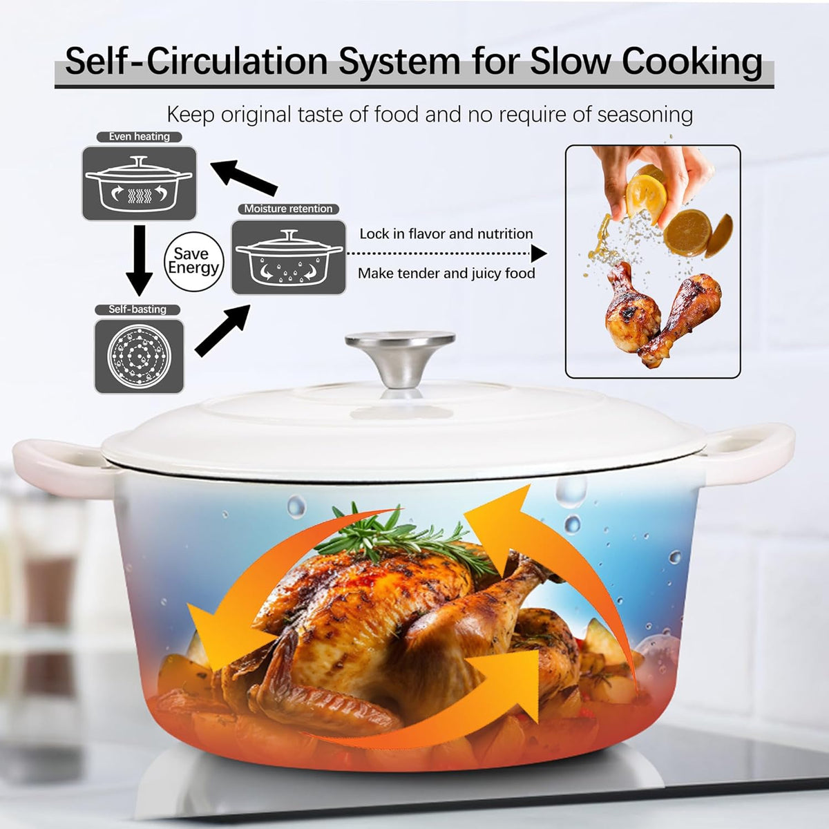 E-far 7QT Enameled Dutch Oven, Cast Iron Dutch Oven Pot with Lid for Cooking/Bread Baking/Braising/Roasting/Stewing, Heavy Duty Round Nonstick Cookware Safe for Induction & Oven - White
