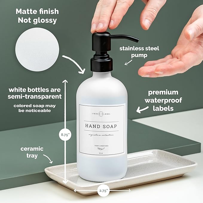 Vine Creations Glass Soap Dispenser, 2 Pack Kitchen Soap Dispenser Set with Ceramic Tray, Stainless Steel Pump, Dish Soap and Hand Soap Dispensers for Bathroom or Kitchen Decor with Waterproof Labels