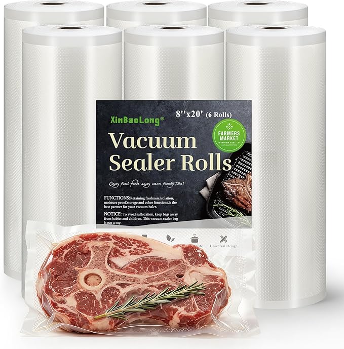 Vacuum Sealer Bags For Food:6 Rolls 8"x20' Commercial Grade BPA Free Bag Rolls Durable Customized Size Food Vac Bags for Storage and Sous Vide Cooking Puncture Prevention