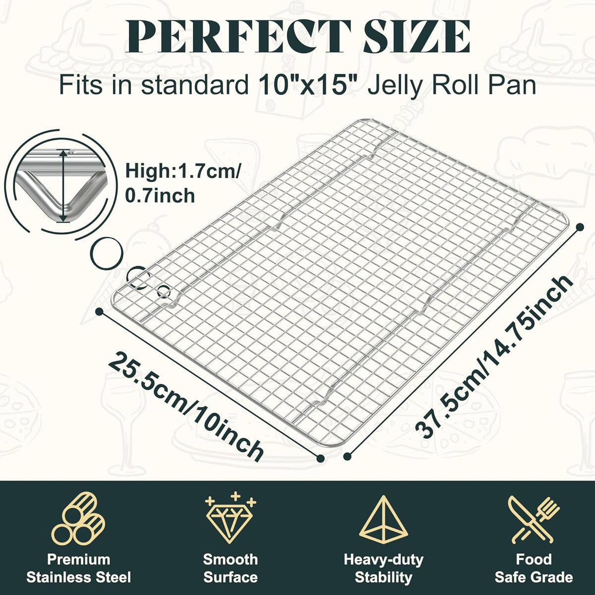 Cooling Racks for Cooking and Baking-10"x14.75" Oven Safe Premium Stainless Steel Heavy Duty Baking Rack Tight-Wire, Fits Jelly Roll Pan for Roasting & Grilling & Cooking-1 Pack