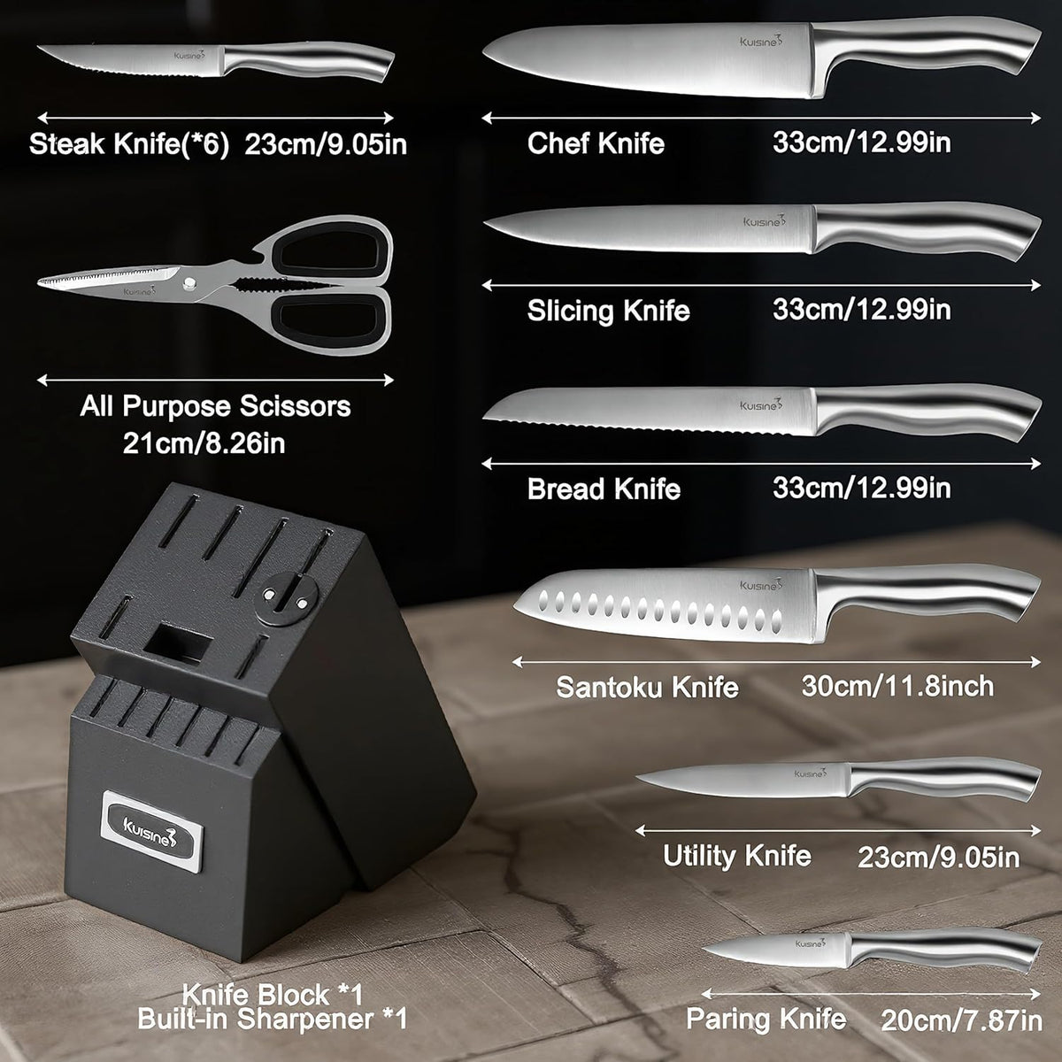 KUISINE Premium Chef Knife Set,High Carbon Stainless Steel Razor-sharp Blade Ergonomic Non-slip Steel Handle,Block Knife Set with Built-in Sharpener(Black Silver,15PCS)