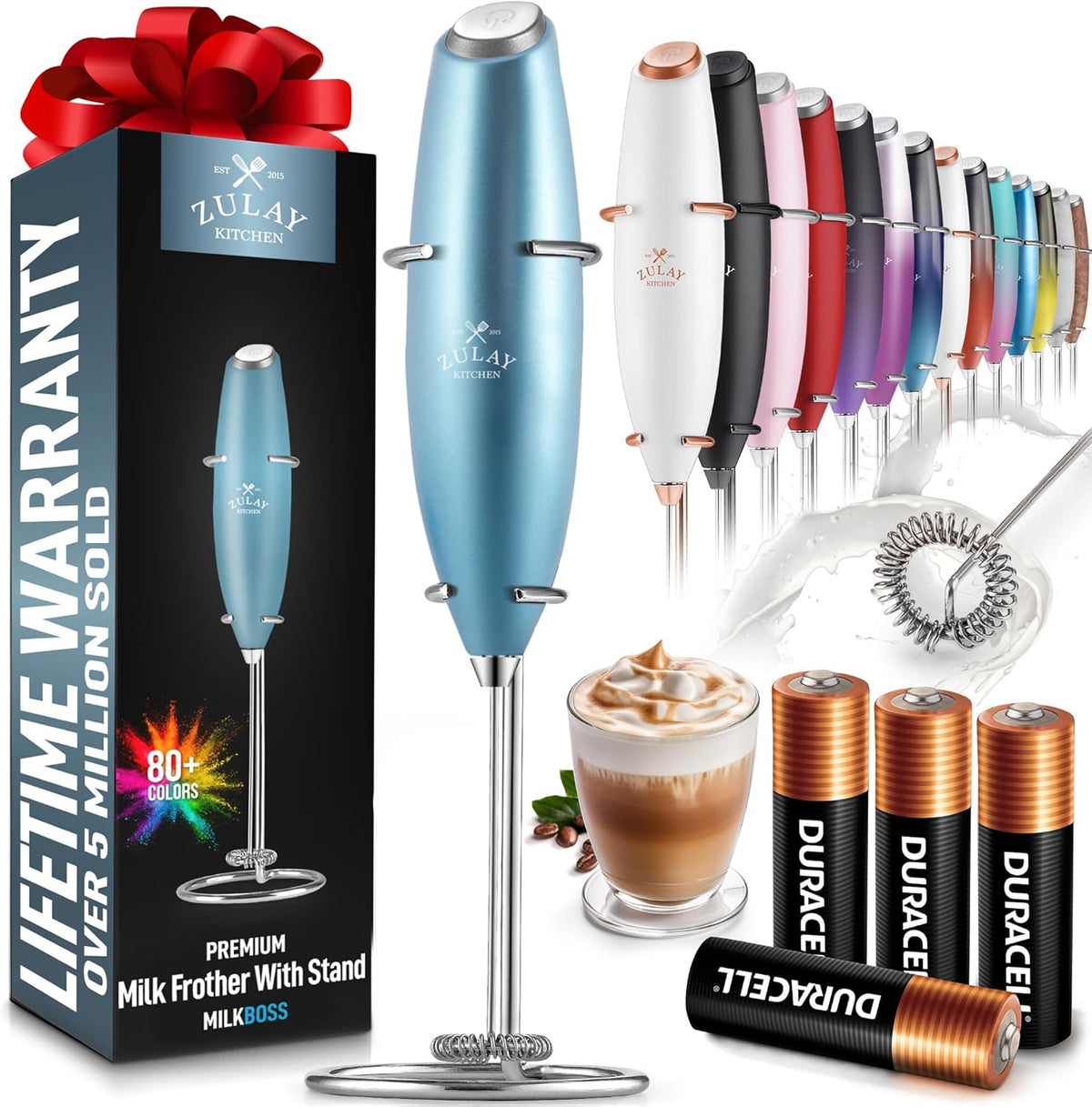 Zulay Kitchen Powerful Milk Frother Wand With 4 AA Duracell Batteries - Ultra Fast Handheld Drink Mixer - Electric Whisk Foam Maker for Coffee, Lattes, Cappuccino, Matcha & Creamer -