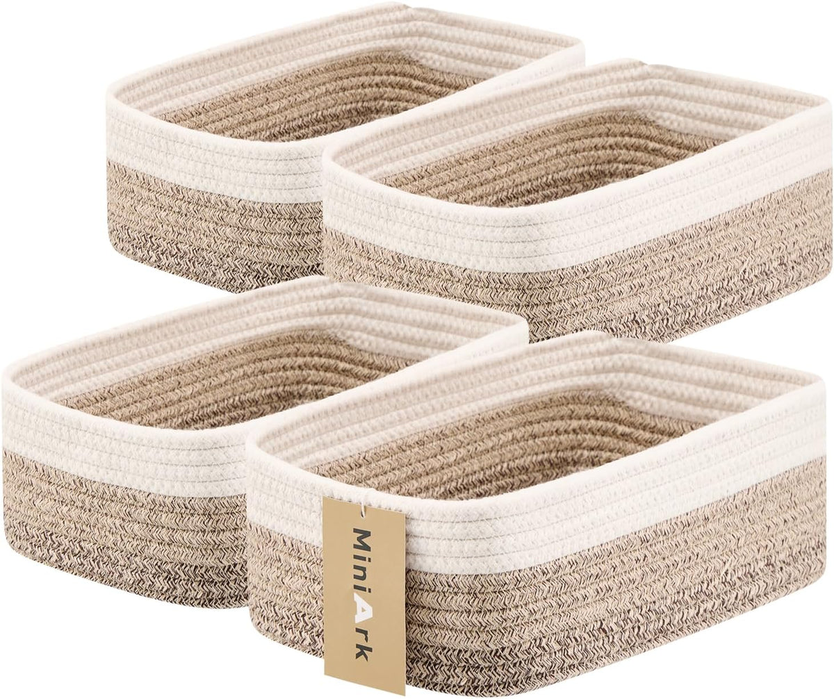 Small Storage Baskets for Organizing | Closet Organizer Bins | Shelf Toy Basket | Woven Rope Baskets | Cube Decorative Box | Shallow Basket |11.5x7.5x4.7”| 4 Packs Gradient Brown