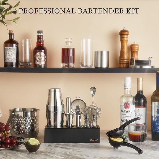 KITESSENSU Boston Shaker Set Mixology Bartender Kit | Premium Cocktail Shaker Kit with Stand Professional Home Bar Tools Accessories: Martini Shaker, Citrus Tools, Fine Mesh Strainers, Muddler, Jigger
