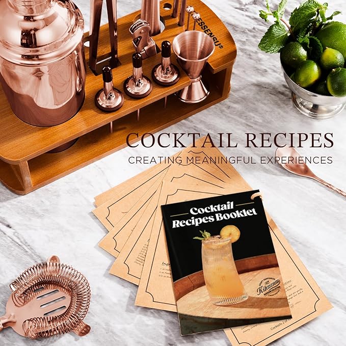 KITESSENSU Cocktail Shaker Set Bartender Kit with Stand - Drink Mixer Bar Set with All Essential Bar Accessory Tools - Martini Shaker Jigger Strainer Mixer Spoon Muddler Liquor Pourers - Rose Gold