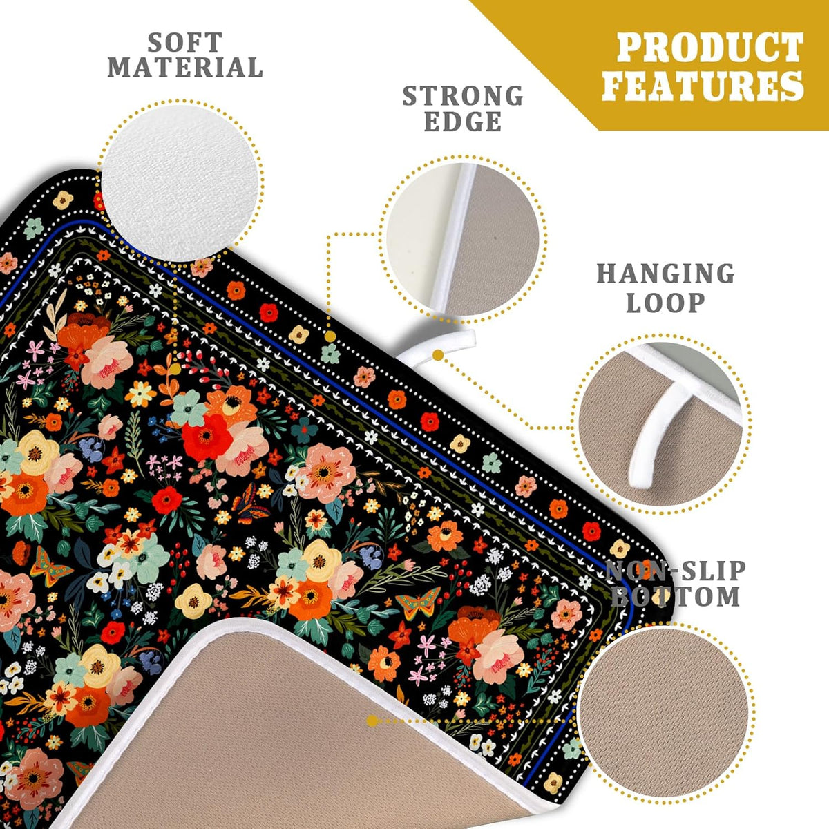 Black Flowers Dish Drying Pad Boho Floral Washable Microfiber Kitchen Mat for Home Decor