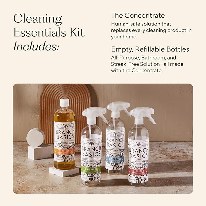 Branch Basics Cleaning Essentials Kit: All Purpose, Glass and Bathroom Cleaner - Concentrate (33.8 Oz) (17 Refills) + Refillable Plastic Spray Bottles (24 Oz) Plant Based, Human-Safe, & Fragrance Free