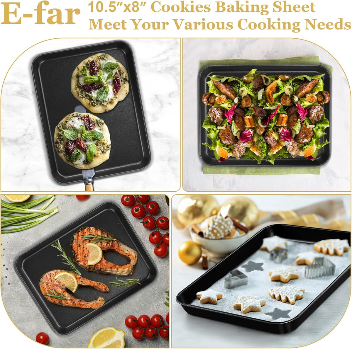 E-far Toaster Oven Tray, 10.5x8x1 Inch Nonstick Baking Cookies Sheet Pan for Oven, Small Metal Carbon Steel Baking Pan for Bacon Steak, Nontoxic & Easy Clean, Heat & Warp Resistant