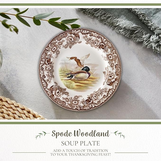 Spode Woodland Mallard 9" Soup Plate - Rustic Fine Earthenware Bowl for Soup, Salad, Pasta with Bird Design - Microwave, Oven, Freezer & Dishwasher Safe - Matches Woodland and Delamere Collections
