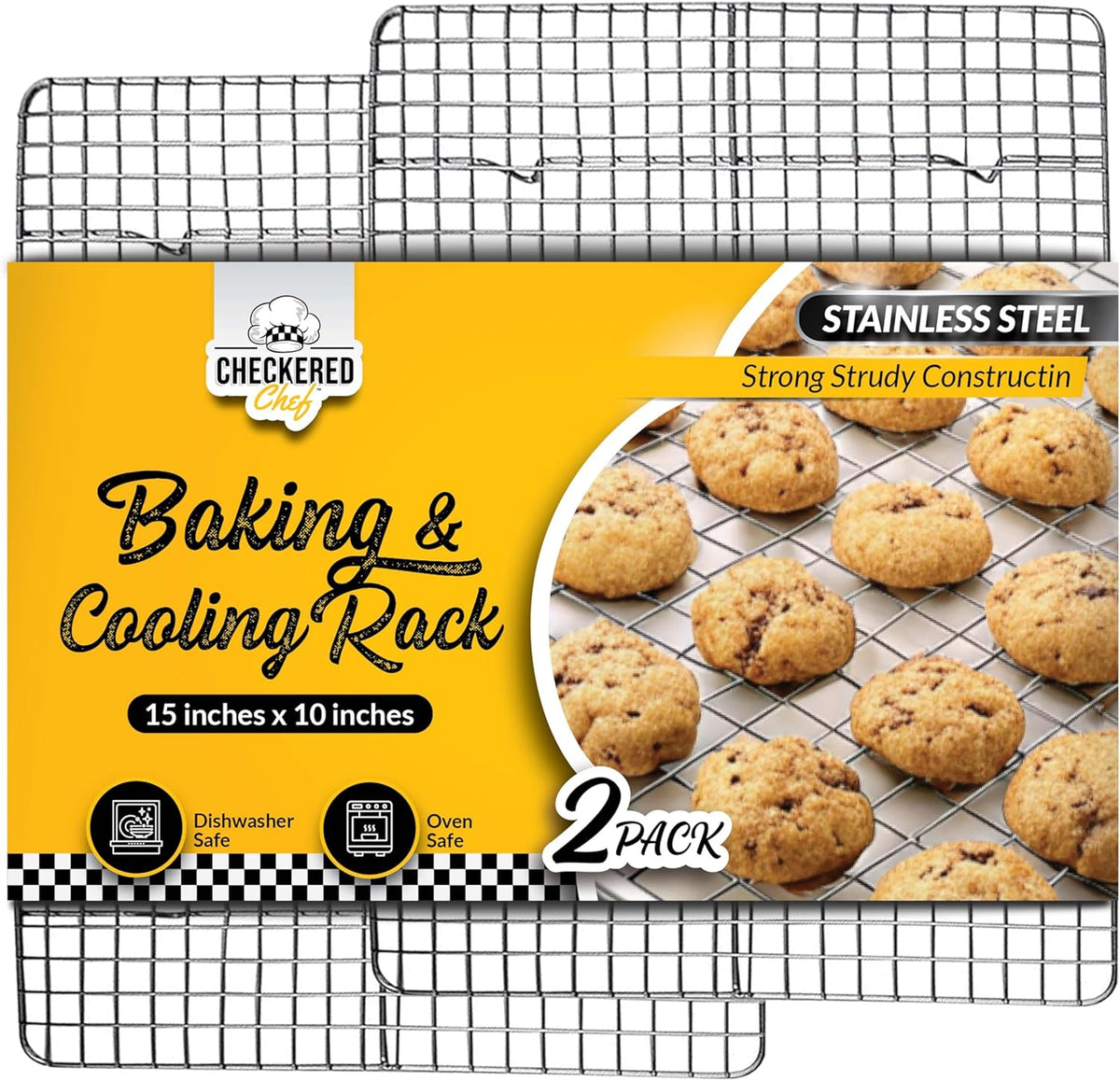Checkered Chef Cooling Rack for Cooking and Baking - 10" x 15" Set of 2 Stainless Steel, Oven Safe Grid Wire Cookie Cooling Racks