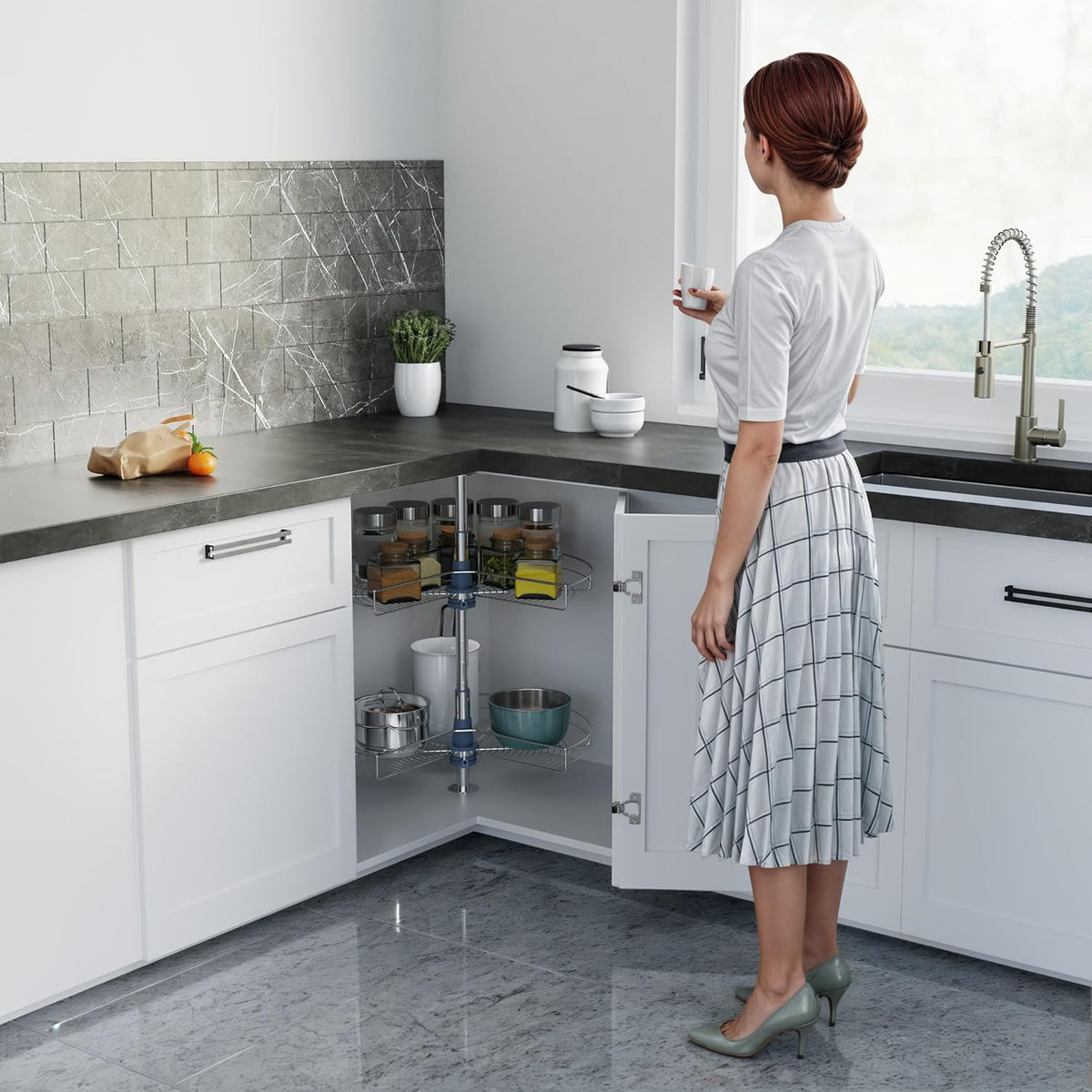 Dowell 28" Kidney Lazy Susan, 2 Shelves, Kitchen Base Corner Cabinet Organizer (Chrome 4001 270 28)