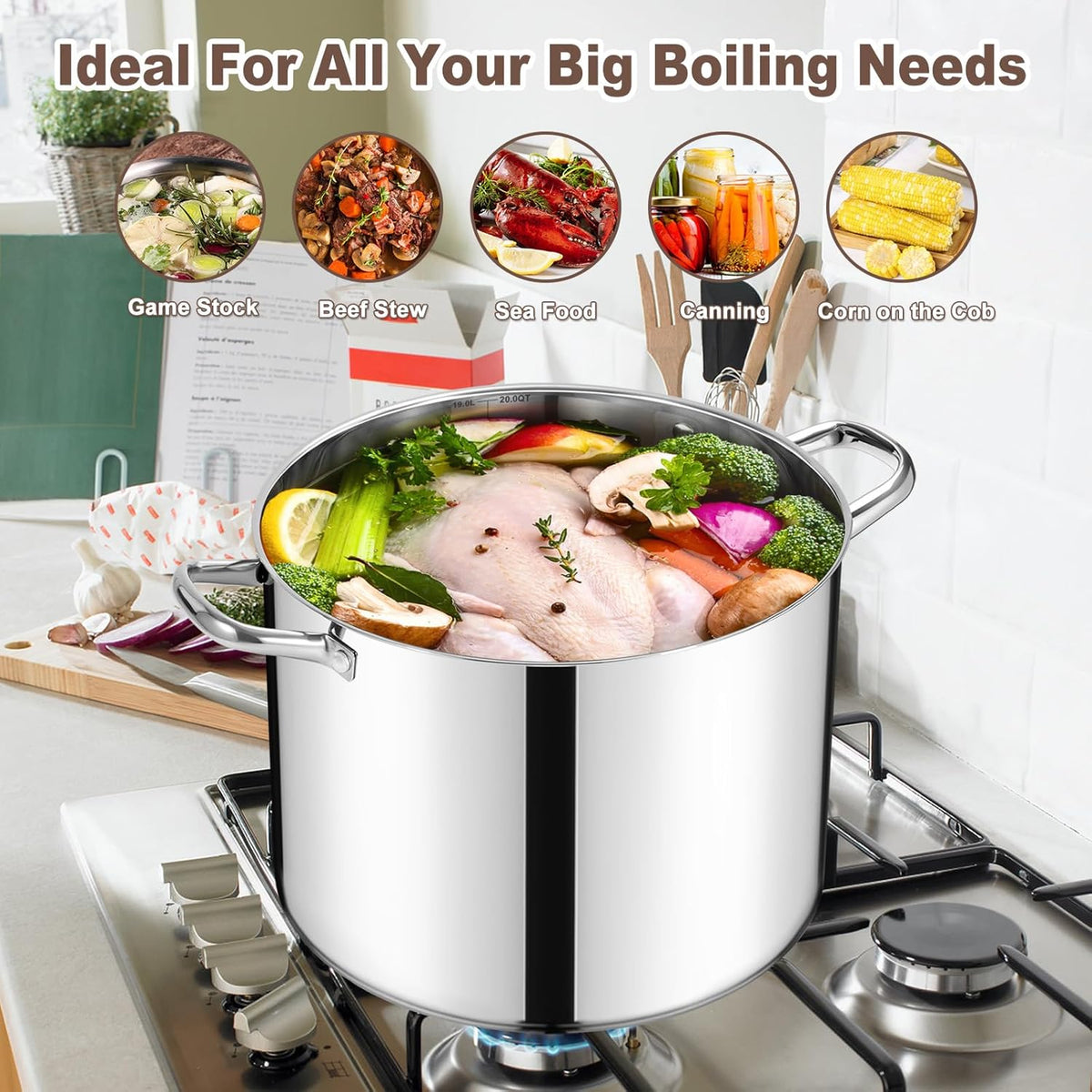 20 Qt Large Stock Pot, E-far Stainless Steel Stockpot with Lid for Boiling Cooking Soup Stew Canning, Heavy Duty Tri-Ply Bottom Works w/Induction, Commercial Grade & Dishwasher Safe