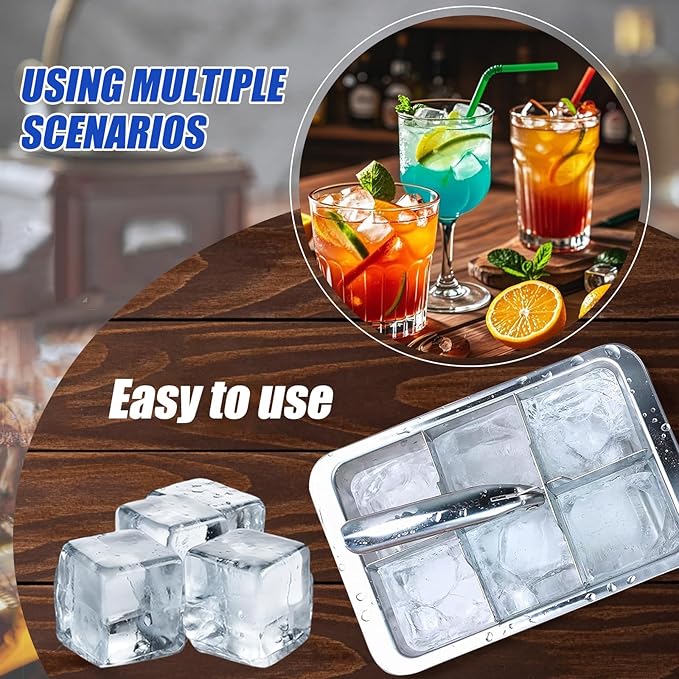 Professional Ice Cube Trays Stainless Steel - 6-Large Slot Heavy Duty Metal Icecube Mold, Non-Toxic Freezer Tray with Lever Release, Bar & Kitchen Use, Send Goods from Local Warehouse