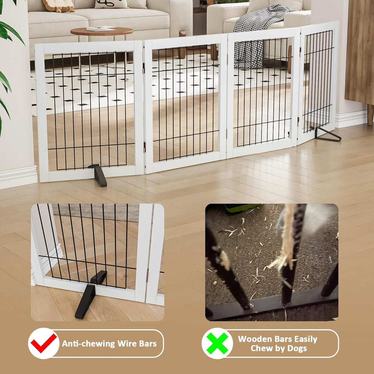Dog Gate Indoor, Metal Dog Gates for Doorways House, 24-Inch Freestanding Pet Gates for Dogs, Puppy Fence (4 Panel, White)