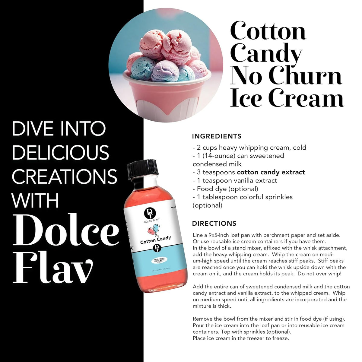 Dolce Flav Cotton Candy Extract – Kosher, Sugar-Free, Concentrated Carnival-Style Flavoring for Baking, Frostings & Drinks, Includes Measured Dropper, 2 oz Pack of 2