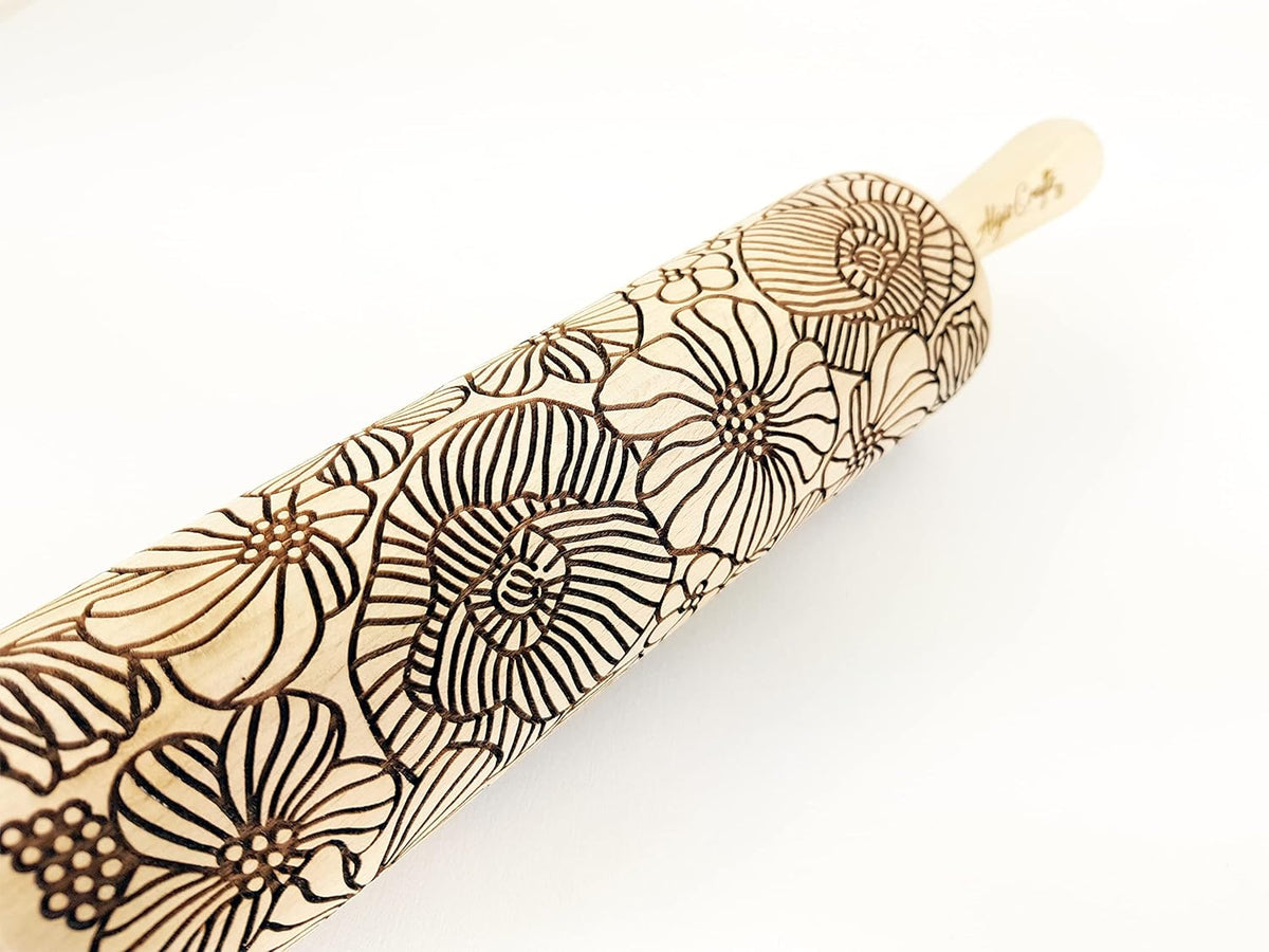 POPPY Embossing Rolling Pin with Wildflower Corn Poppies Pattern. Dough roller for embossed cookies and Pottery by Algis Crafts