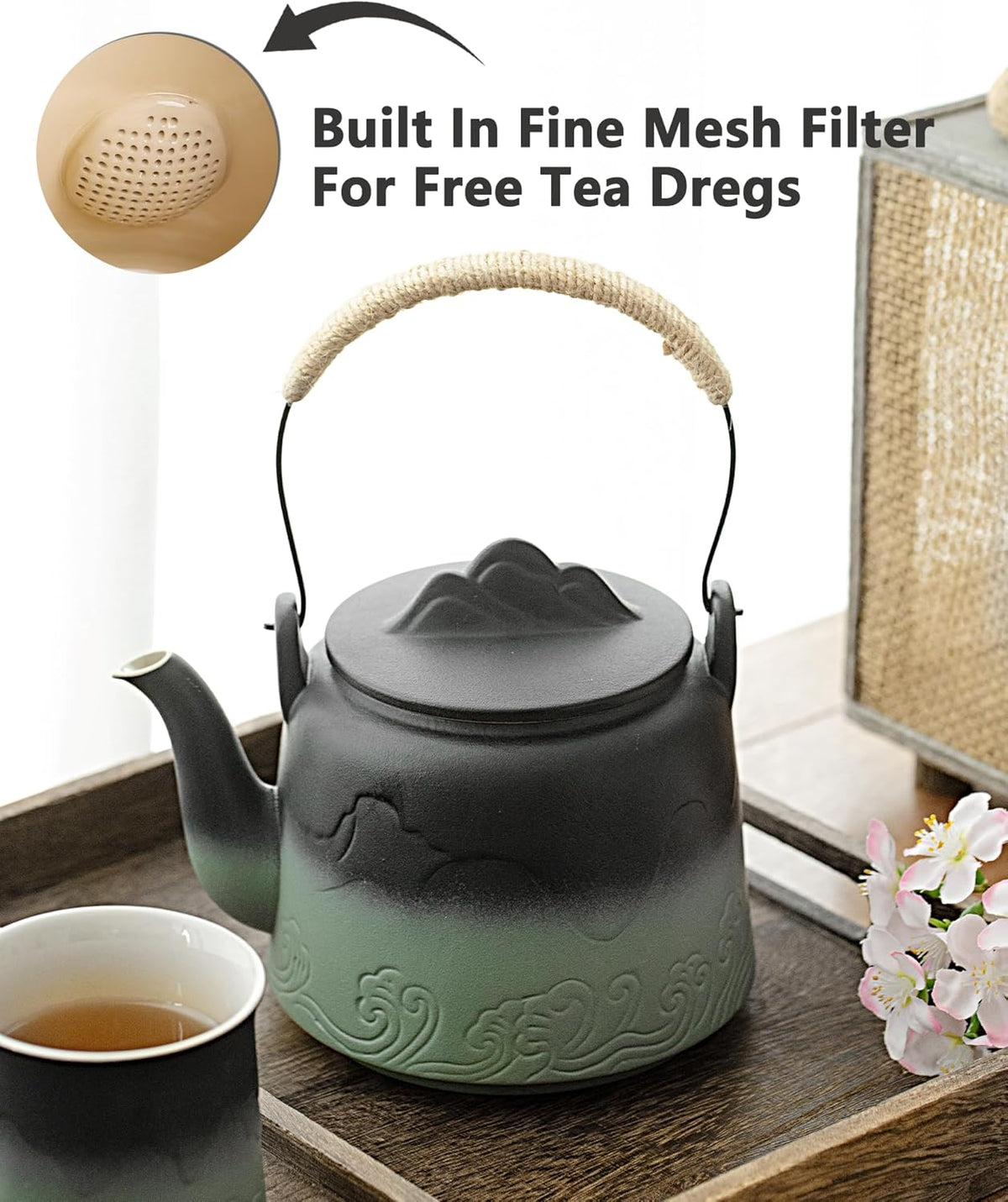 ZENS Vintage Japanese Teapot, 33.8 oz Embossed Ceramic Loose Leaf Teapot with Built-in Strainer for Hot Tea Steeper, Hemp Rope Handle Japanese Tea Brewer Pot for Tea Lovers Gifts