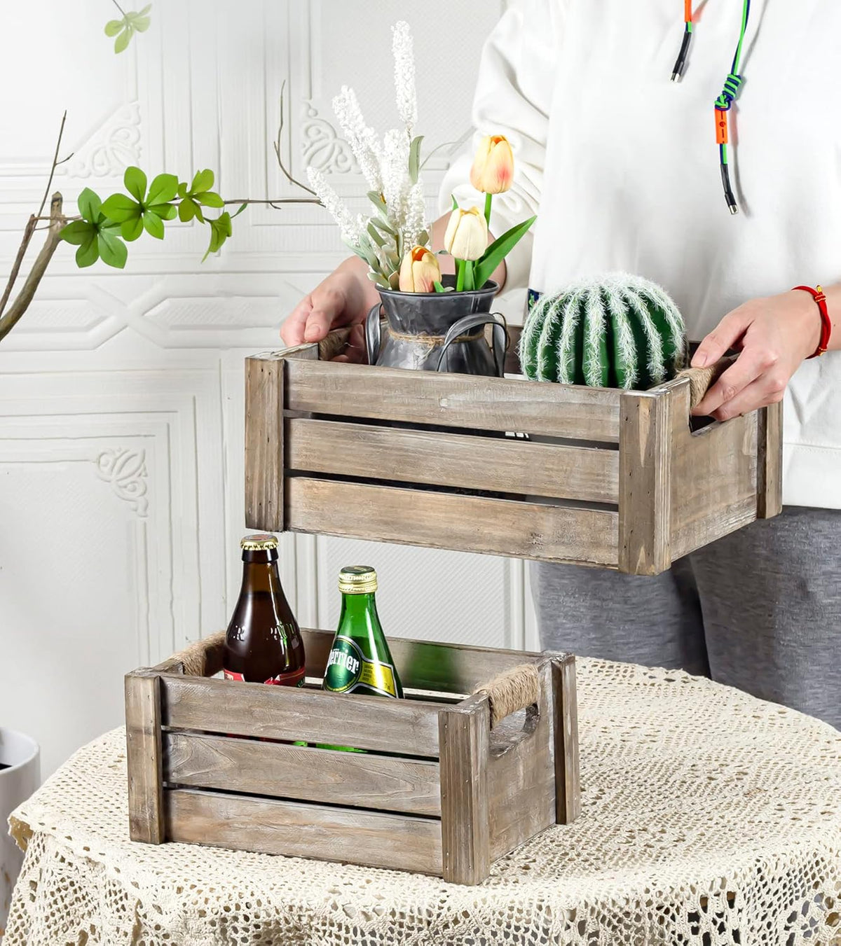 TIMRIS Set of 3 Rustic Wood Nesting Crates, Farmhouse Wooden Storage Container Boxes with Cutout Handles, Decorative Wooden Baskets for Display (Rustic Gray)