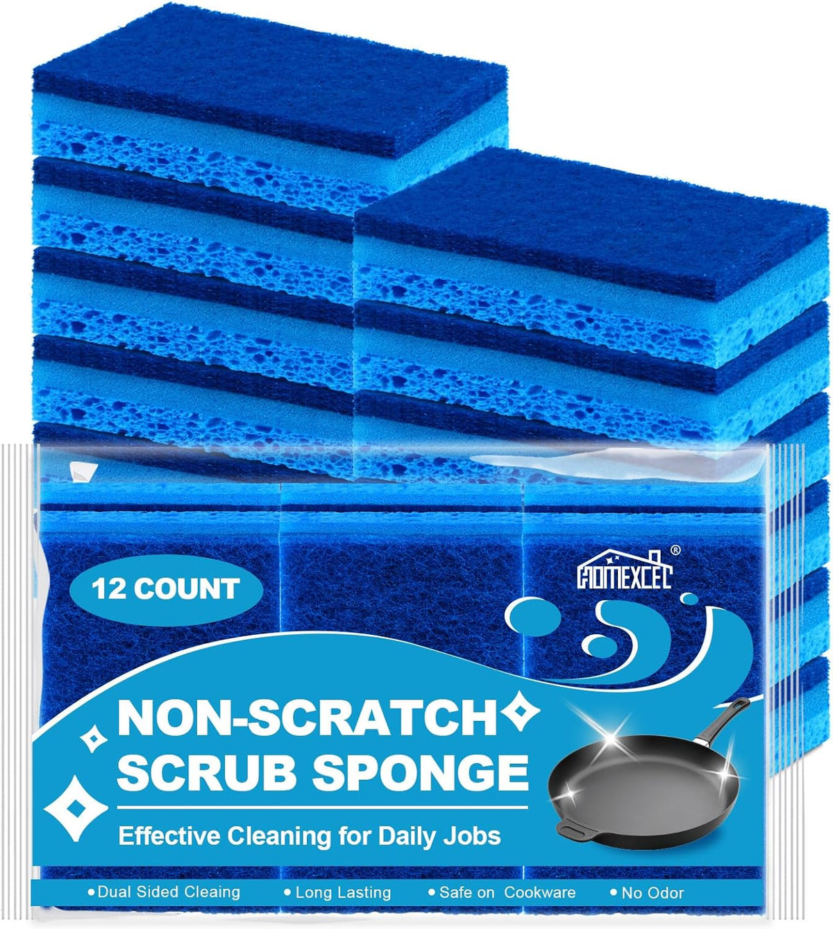 HOMEXCEL Sponges Kitchen 12pcs, Non-Scratch Sponges for Dishes, Scrub Cleaning Sponge Safe on Non-Stick Cookware, Dual Sided Dish Sponge for Kitchen, Household, Bathroom and More