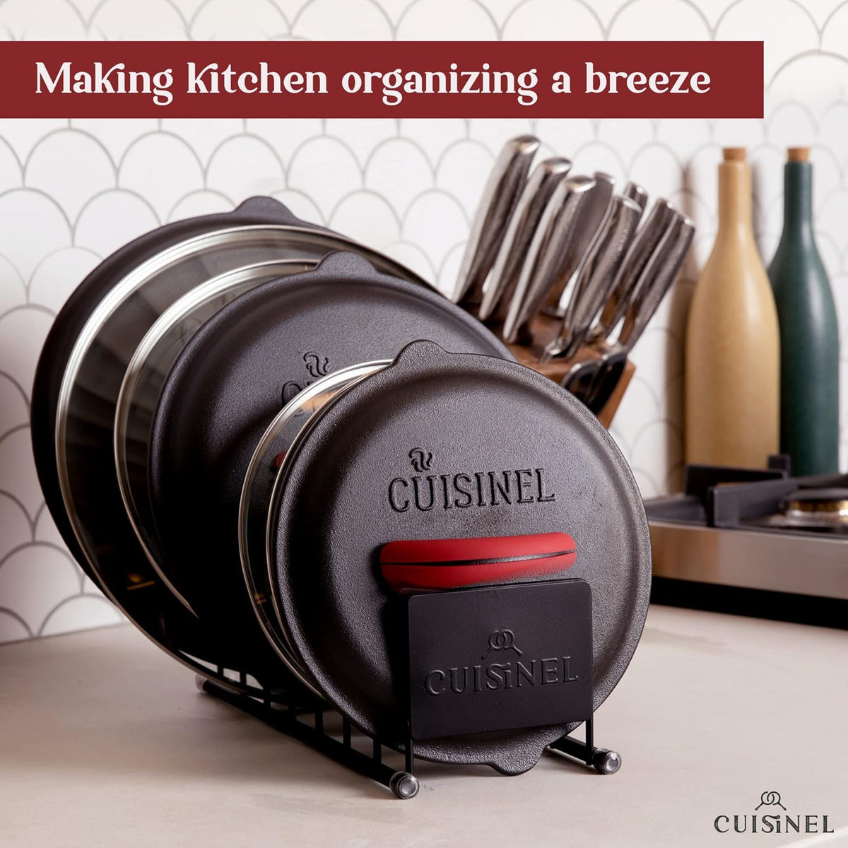 Cuisinel Lid and Dish Organizer Rack - 2-Pack Matte Black Kitchen Storage Organization Stand - Plate Holder, Pan/Pots Covers, Cutting Board and Cookie Sheet Divider - 7-Tier Cabinet/Counter Display