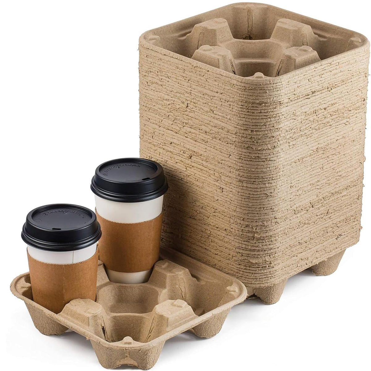 FMP Brands 4 Cup Disposable Drink Carrier Trays, 45 Pack Compostable Pulp Fiber Cup Holder for 8-32 oz Cup, Durable to Go Coffee Cup Holders for Delivery Service, Uber Eats