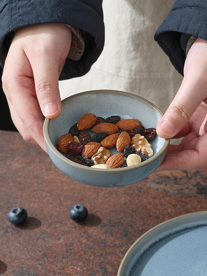 famiware Nature Ceramic Soy Sauce Dish, Dipping Bowls Set of 6, 3 oz Dipping Sauce Bowls/Dishes/Cups/Plates, Small Serving Bowls for Side Dishes, Condiments, Sushi, Appetizer, Dessert, Light Blue