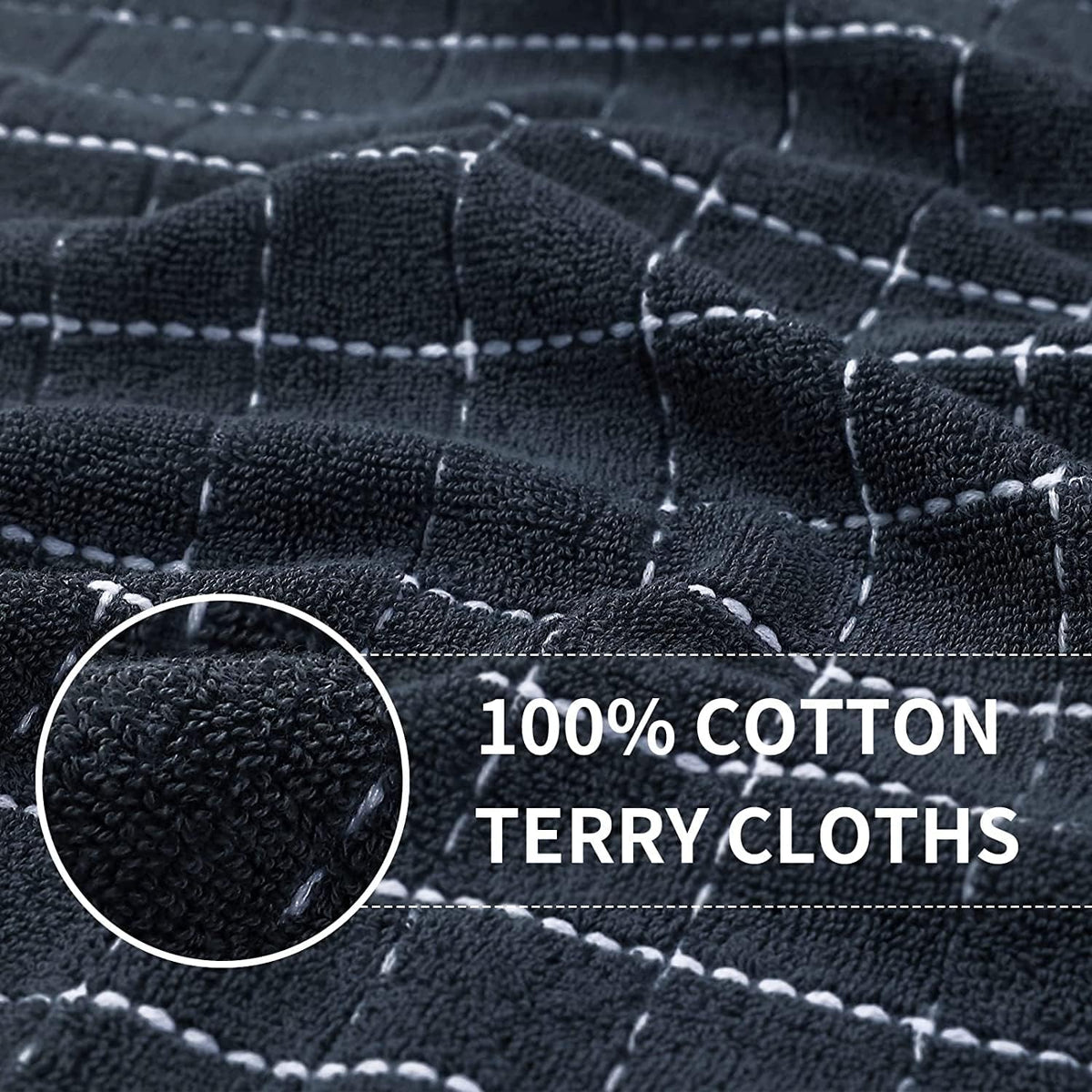 Homaxy 100% Cotton Terry Kitchen Towels(Dark Grey, 13 x 28 inches), Checkered Designed, Soft and Super Absorbent Dish Towels, 4 Pack