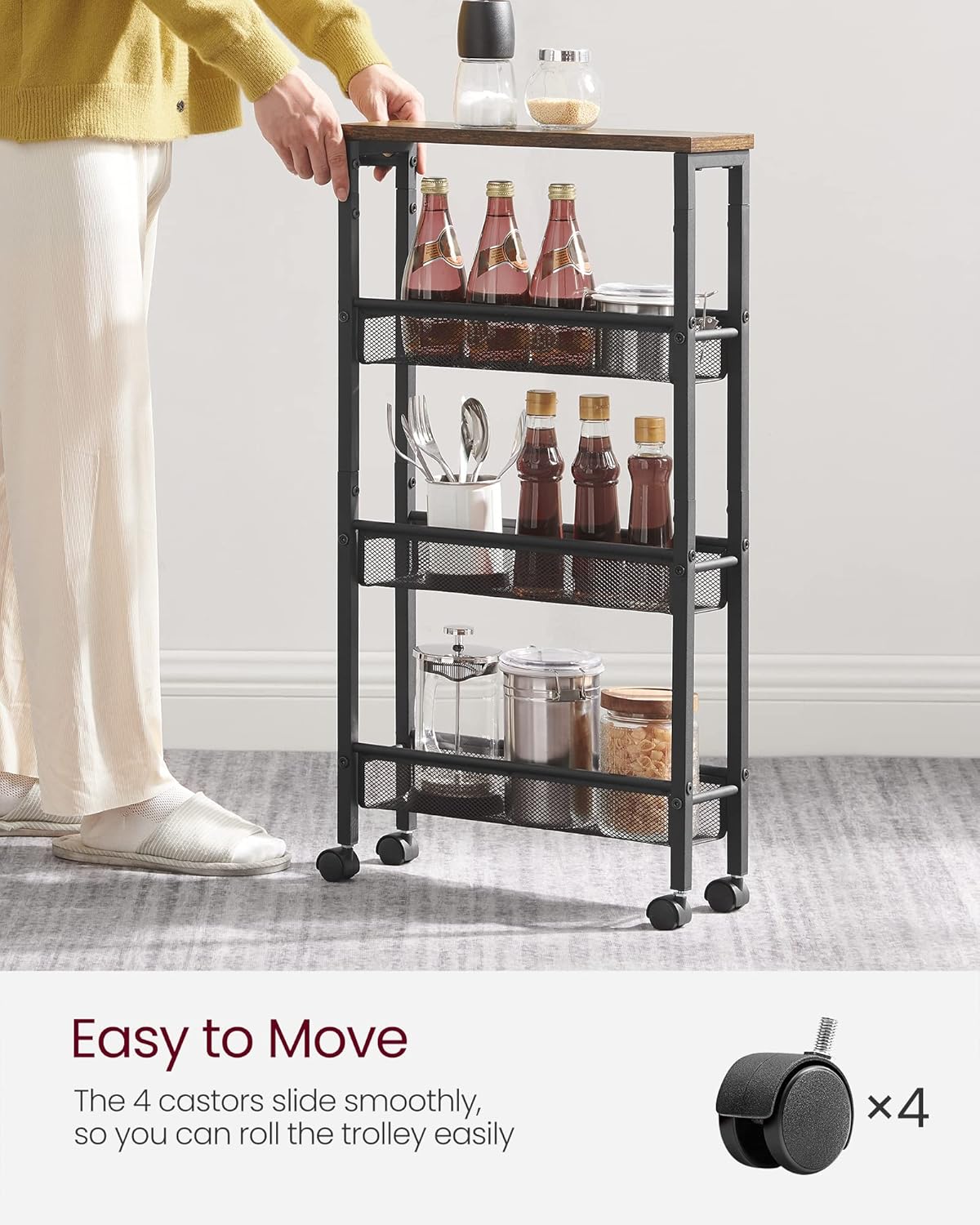 VASAGLE Slim Rolling Cart, 4-Tier Narrow Storage Cart with Handle, 5.1 Inches Deep, Metal Frame, for Kitchen, Dining Room, Living Room, Home Office, Rustic Brown and Classic Black ULRC032B01V1
