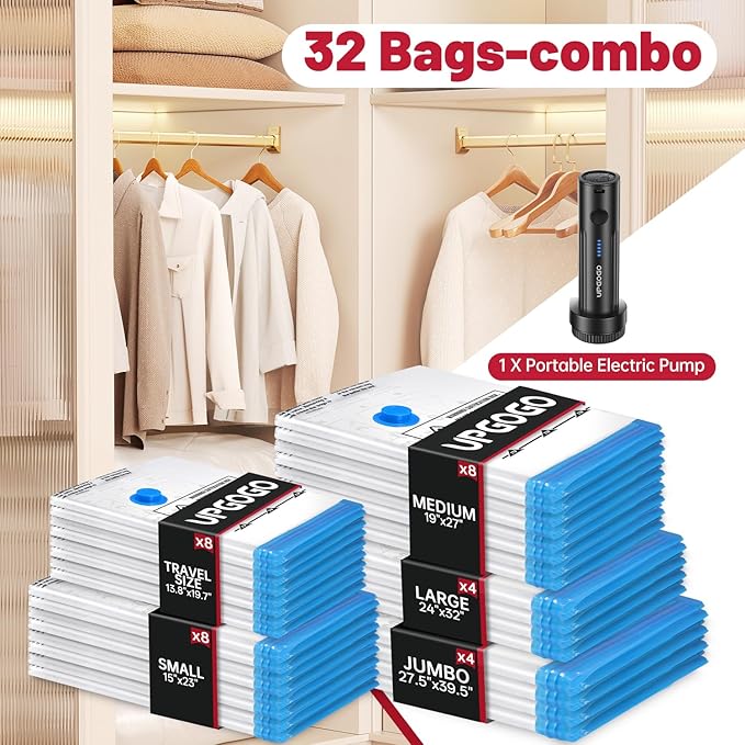 Combo 32 Pack Vacuum Storage Bags with Portable Electric Pump,Vacuum Seal Bags for Clothing,Space Saver Bags,Vacuum Travel Bags for Luggage