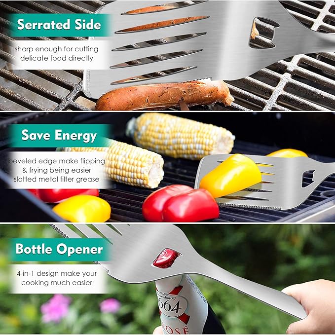 HaSteeL Grilling Utensil Set 18in, Stainless Steel BBQ Accessories Tools with Bag for Outdoor Cooking Camping, Heavy Duty Grill Spatula, Tong, Meat Fork, Basting Brush, Cleaning Brush, Man’s Gift