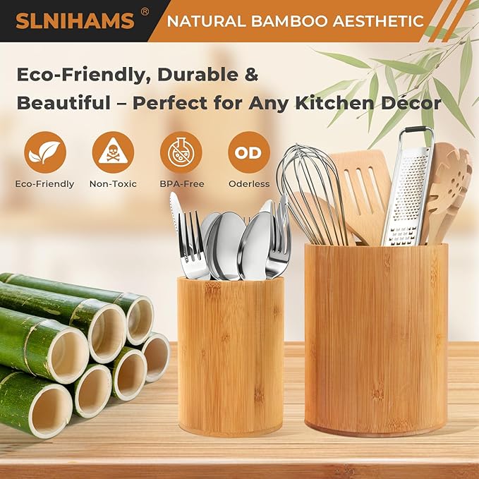 Bamboo Utensil Holder, 7.3"+5.4" Set of 2 Utensil Holders for Kitchen Counter, Bamboo Spoon and Chopstick Organizer, Flatware, Spatula & Silverware Storage Containers, for Countertop & Pantry