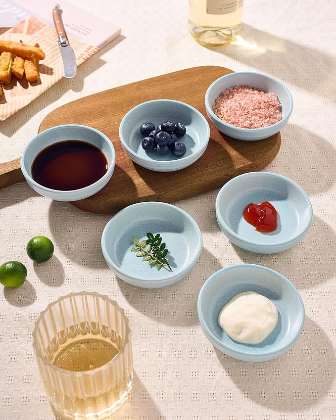 famiware Pluto Soy Sauce Dishes of 6, 3 oz Dipping Sauce Cups/Bowls/Dishes for Kitchen, Ceramic Small Bowls for Side Dish, Appetizers, Snacks, and Sushi, Reactive Glaze, Light Blue