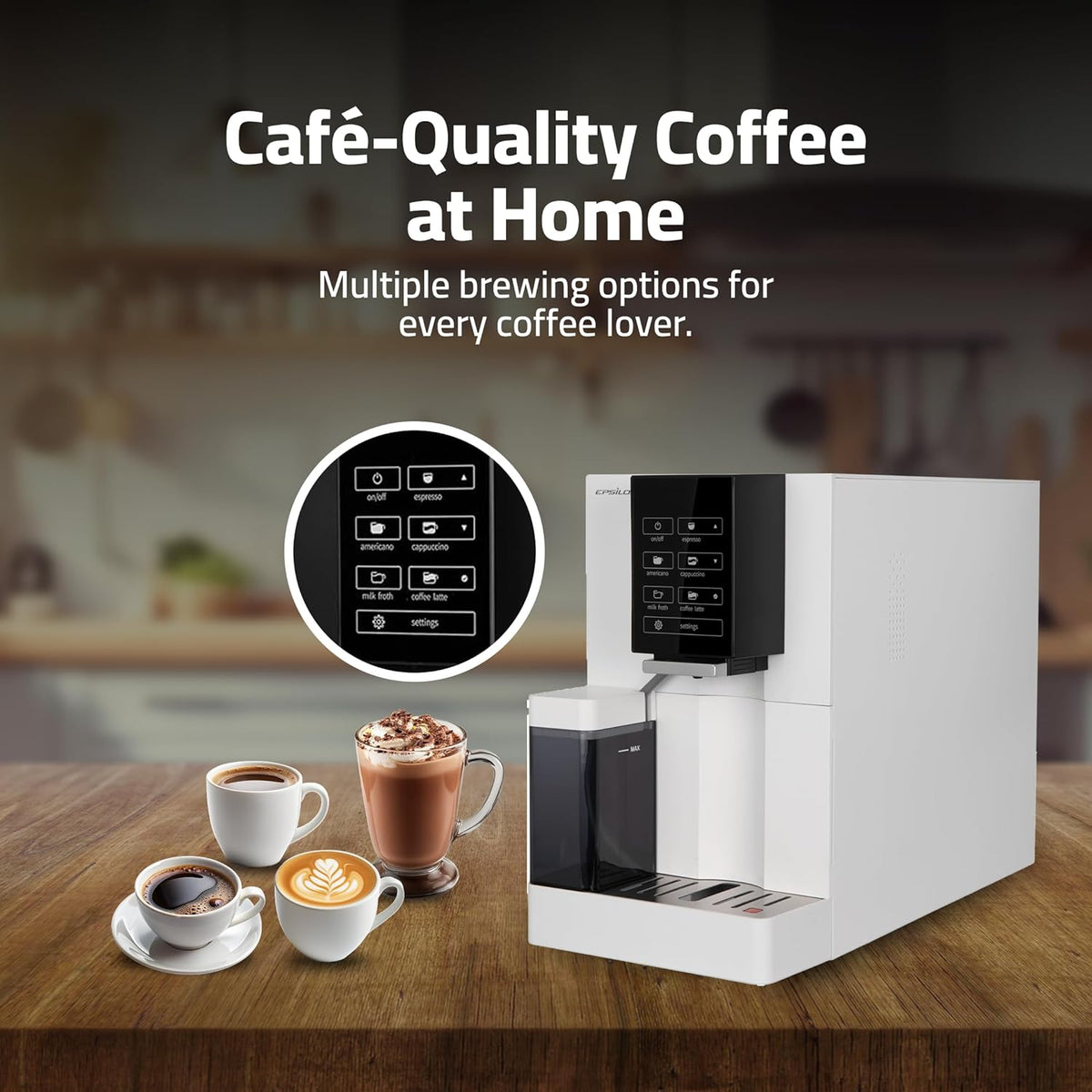 Epsilon Fully Automatic Coffee Machine, Modern One Touch Espresso Machine, Integrated Milk Frother and Custom Brewing Cafe Maker, Compact Countertop Size, Self Cleaning Cafetera (White)